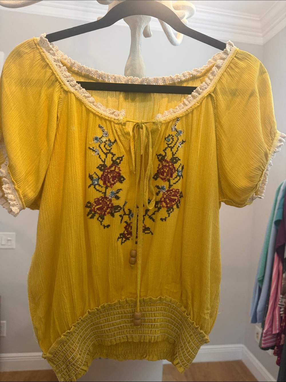 Vici Yellow Embroidered Peasant Blouse